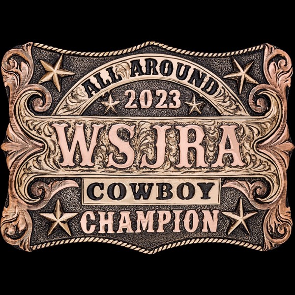 Experience timeless elegance with our signature antique finish, highlighting stunning jewelers Bronze banner, rope edge, and stars. Customize this buckle!
